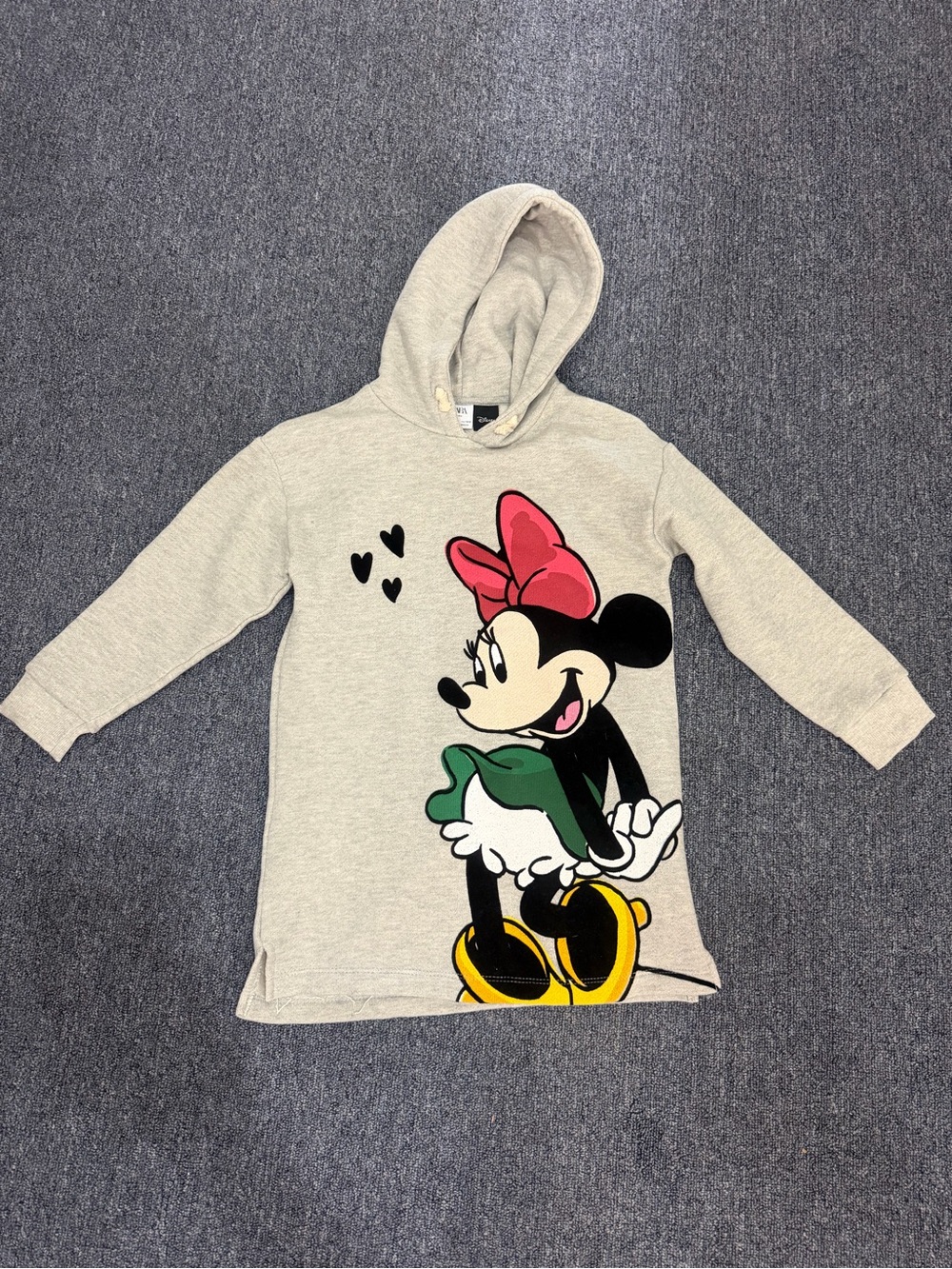 Zara Kids Minnie Graphic Hooded Sweatshirt Dress - Light Gray with Pink Bow